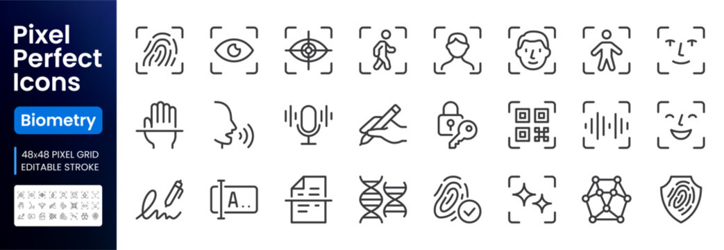 Biometric scan line icon set. Eye recognition, face detection mapping, fingerprint minimal vector illustrations. Outline pictograms for identity authentication. 48x48 Pixel Perfect. Editable Stroke