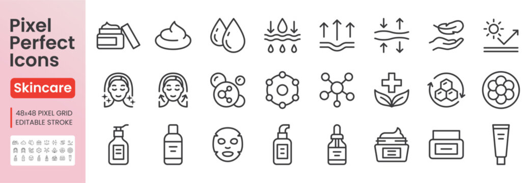 Skin care line icon set. Retinol, beauty collagen, niacinamide, nourishing cream, face anti wrinkle minimal vector illustrations. Simple outline skincare signs. 48x48 Pixel Perfect. Editable Stroke