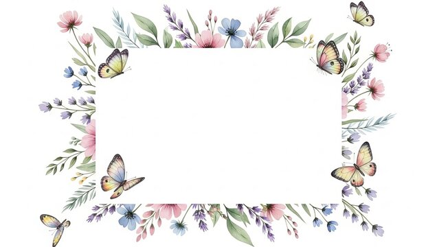 Delicate floral frame with butterflies and pastel flowers surrounding a blank white space