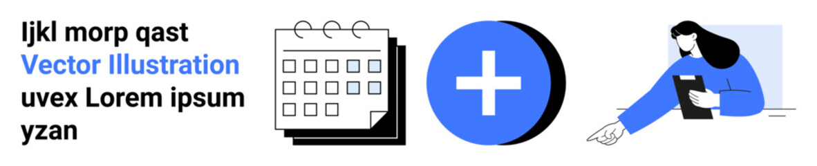 Obraz premium Planning, healthcare, scheduling, organization, medical records, productivity. A calendar icon, a blue plus symbol and a woman holding a clipboard. Planning and healthcare concept