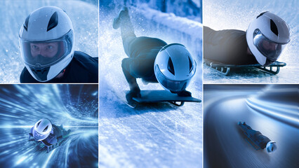 Skeleton athlete speed motion collage on ice track. Concept of winter extreme sport, professional training phases, high velocity racing, precision control, and elite performance. Collage with 1 model © master1305