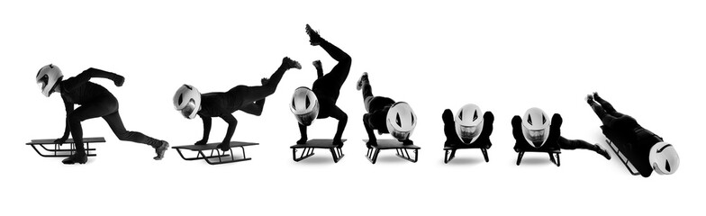 Skeleton start phase sequence collage on white background. Concept of winter sport technique, explosive launch, body control, speed transition, and fearless athletic performance. Collage with 1 model © master1305