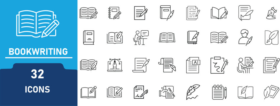 Book Writing and Publishing Line Art Icon Set &ndash; Author, Writing Tools, Manuscript, Editing, Blogging, Creative Content Creation Outline Icons