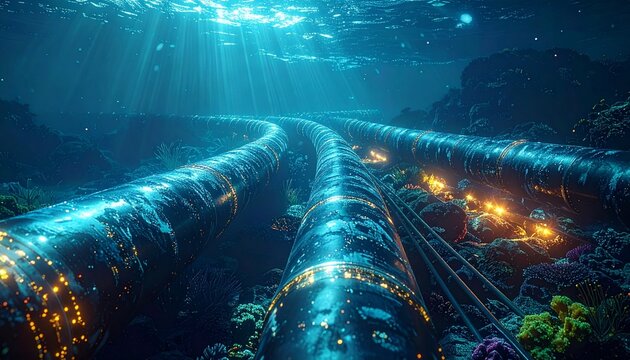 Subsea cables illuminated underwater in ocean depths communication infrastructure