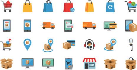 Ecommerce and online shopping icon set featuring delivery services, mobile payments, logistics tracking, customer support, and retail marketplace elements in flat vector style © MstBabli
