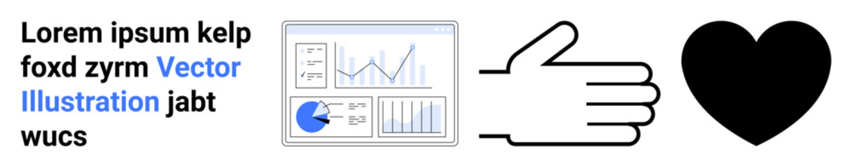 Data charts on screen, open palm, and heart graphic blend technology, communication, and compassion. Ideal for business, analytics, teamwork, support charity creativity simple landing page