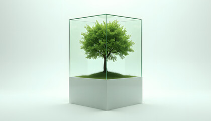Obraz premium Tree in glass box on white base symbolizing preservation