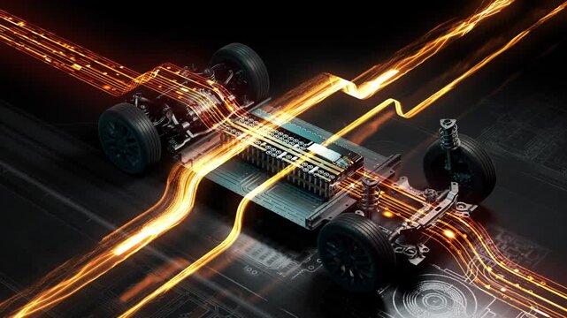 Electric vehicle chassis with glowing energy flow lines.