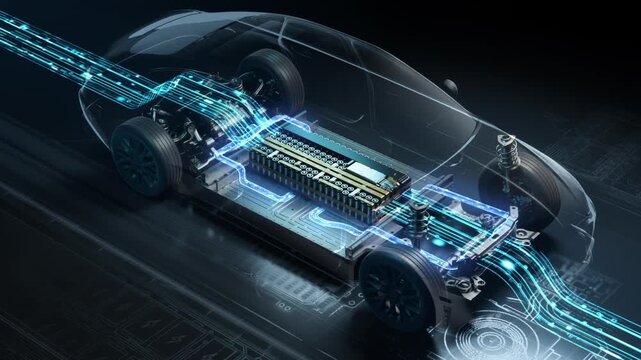 Futuristic electric car chassis with energy flow.