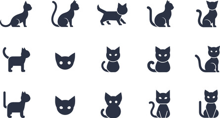Minimal cat silhouette icon set featuring sitting, walking, and playful feline poses for pet design, logos, patterns, and branding in flat vector style © MstBabli