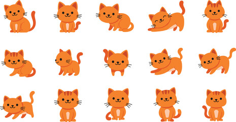 Cute cat character icon set featuring playful kittens in sitting, walking, and lying poses with adorable cartoon pet illustrations in flat vector style © MstBabli