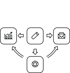 Circular Business Process Diagram three step workflow icons showing rounded square chart edit mail icons