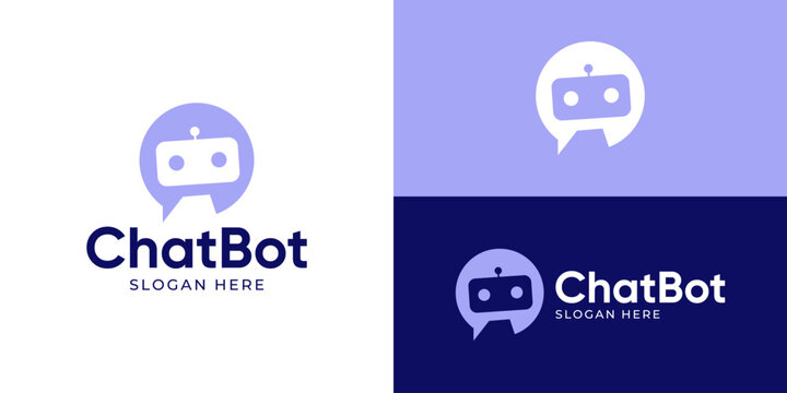 Modern simple chat bot logo template. Virtual smart assistant Bot vector logo design illustration.