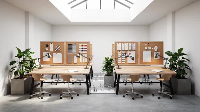 A modern studio space transforms into a functional workspace. Natural light illuminates a creative environment ready for collaboration.