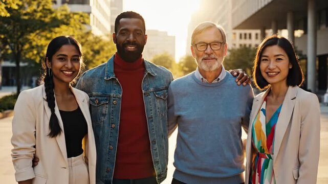 Diverse group of four friends standing together outdoors in a city.