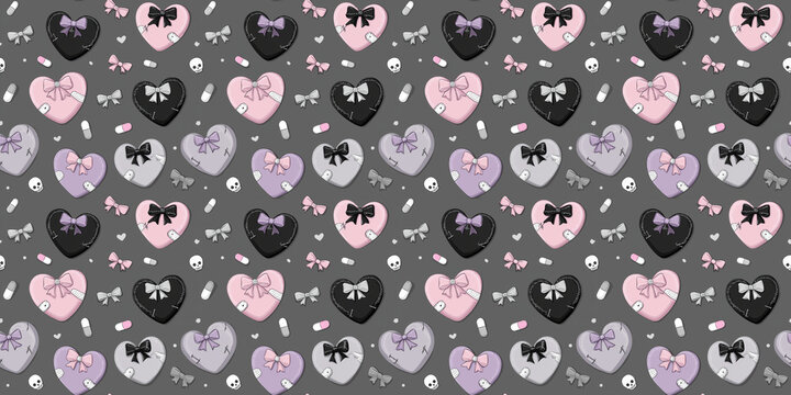 Seamless Pastel Goth pattern featuring stylized pink hearts with black lace, safety pins, and bandages, minimalist graphic backdrop with skulls and pills on charcoal grey background