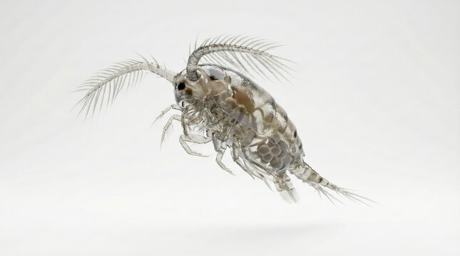 A microscopic view of a copepod, a tiny crustacean, showcasing its intricate anatomy and feathery appendages against a clean white background.