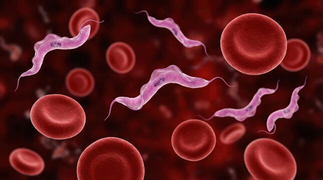 Microscopic view of Trypanosoma brucei parasites, the causative agents of African sleeping sickness, interacting with red blood cells.