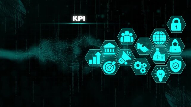 Business performance metrics and key performance indicators on a futuristic digital dashboard with glowing and binary code background for corporate analysis and strategy planning