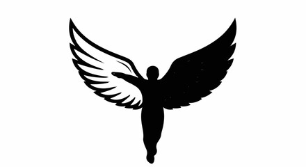 Silhouette of a figure with feathered wings outstretched, one side dark, one side light
