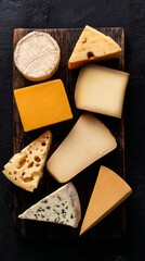 Artful presentation of assorted cheeses on wooden board gourmet food photography dark background culinary delight