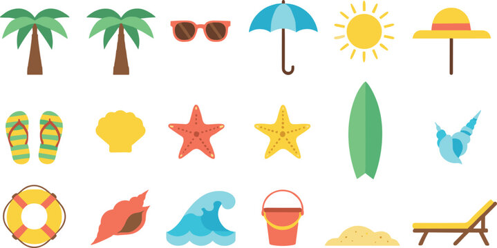 Summer beach icon set featuring tropical elements, seaside accessories, ocean symbols, vacation items, and sunny coastal decorations in colorful flat vector style