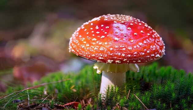 Close Up Of A Vibrant Red And White Spotted Amanita Muscaria Mushroom In A Forest Floor Setting