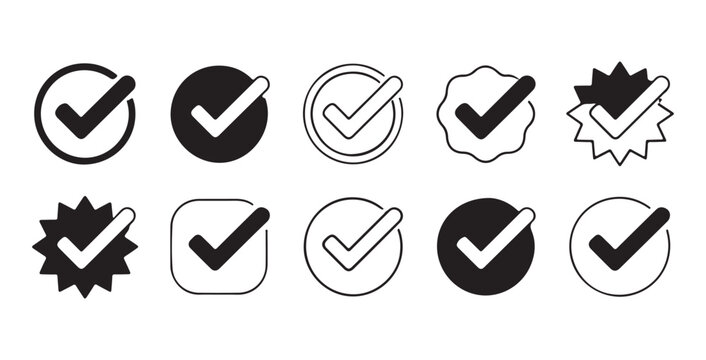 Assorted checkmark icons in black and white in circle and badge shapes vector