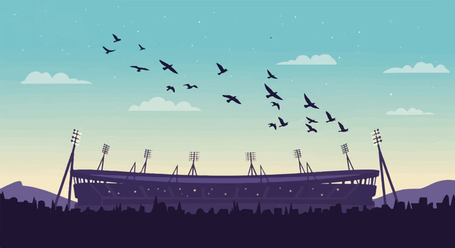 Pixel art stadium at sunset with flock of birds migrating across the sky