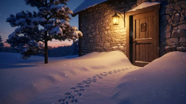 Footprints in snow leading to a festive stone house with a glowing lantern. Winter evening scene for holiday greeting card.
