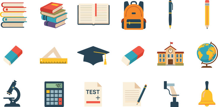 Education and school supplies icon set featuring books, stationery, backpack, graduation cap, classroom tools, and learning equipment in flat vector style