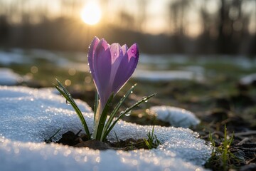 Vibrant purple crocus blooming through snow at sunrise.