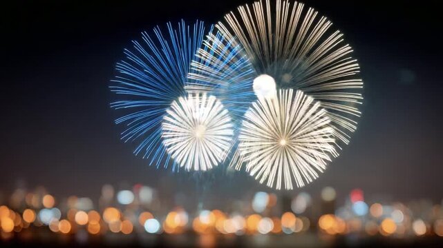 Nighttime Fireworks Display: A stunning display of colorful fireworks explodes in the night sky, illuminating the silhouette of a distant cityscape below.