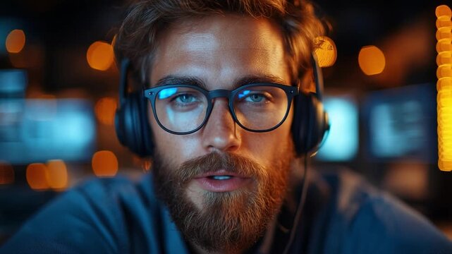 Tech Visionary: A focused individual, adorned with glasses and a headset, deeply engrossed in the digital realm.