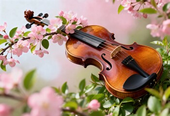 Beautiful violin among cherry blossom blooms in springtime nature scene.
