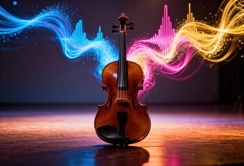 Elegant violin with colorful sound waves on stage.