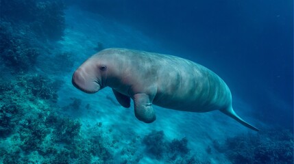 Fototapeta premium Graceful dugong swimming peacefully over coral reef underwater