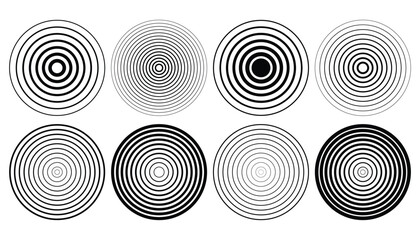 Set of eight abstract black various halftone concentric circles, ideal for graphic design elements, target icons, sonar waves, or optical illusion backgrounds. Striped gradient round shapes.