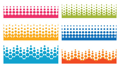 A collection of colorful dotted halftone seamless borders or banners with an abstract, dynamic dot design, ideal for use as horizontal patterns, headers, dividers. Infinity gradients of circles.