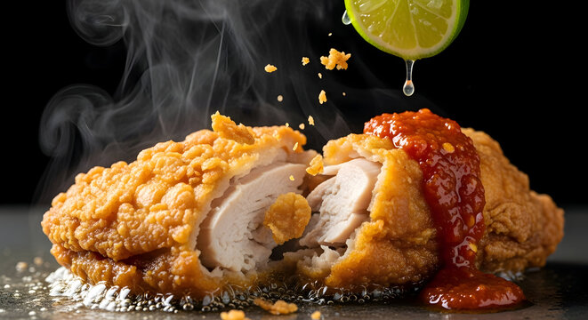 Crispy fried chicken cutlet with spicy sambal sauce and fresh lime squeeze, steaming hot crunchy poultry fillet, delicious Asian fusion street food on dark background. grilled chicken wings