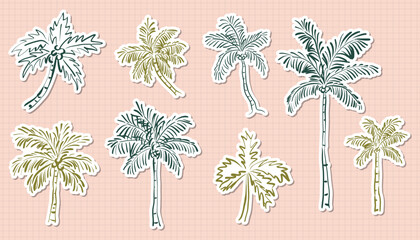 A collection of hand drawn sketch palm tree stickers on a pink grid background. Perfect for summer travel, tropical vacation themed, planners, and beach inspired designs.