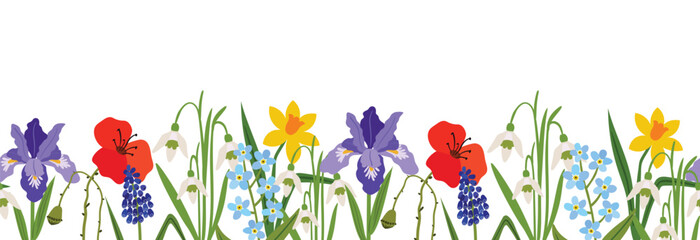A beautiful floral seamless border or horizontal card of spring blossoms including irises, poppies and forget-me-nots. Ideal for botanical designs, seasonal decorations, and garden-themed projects.