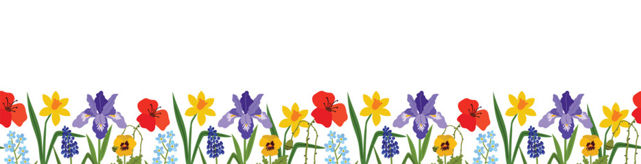 A beautiful floral seamless border of spring blossoms including blue muscari, irises, poppies and forget-me-nots. Ideal for botanical designs, seasonal decorations, and garden-themed projects.