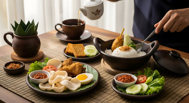 Traditional Indonesian Nasi Liwet set served with fried chicken, sambal, crackers, and hot tea, authentic Sundanese cuisine on wooden table with elegant cafe atmosphere