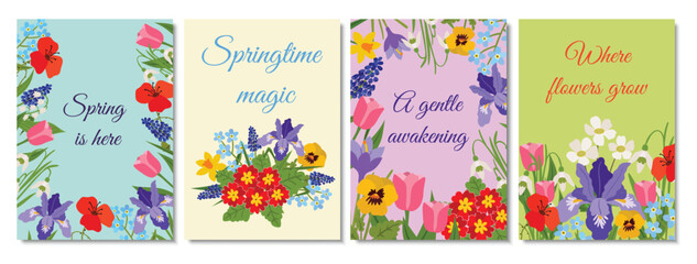 Set of four spring vertical greeting cards or posters with floral borders and bouquets. Features irises, tulips, poppies, and pansies with seasonal quotes on colorful backgrounds.