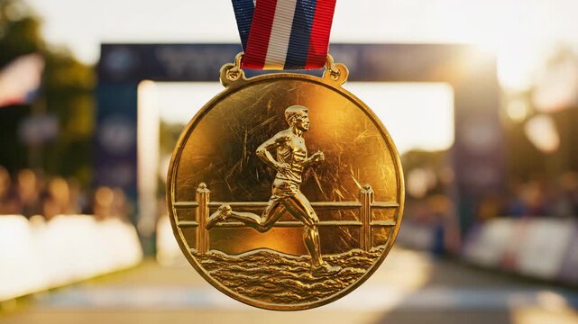 Golden medal for marathon runner with ribbon on finish line background.