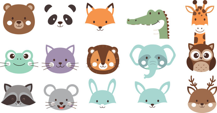 Cute Animal Face Vector Set with Bear, Fox, Panda, Lion, Elephant, Owl and Safari Cartoon Head Icons