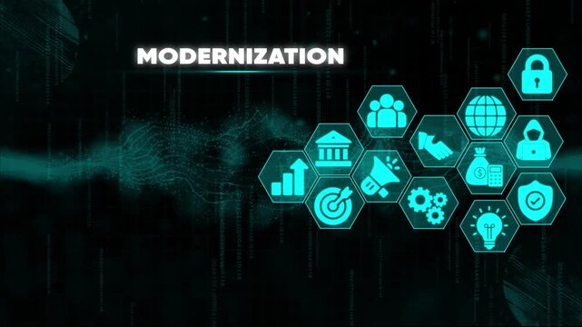 Modernization Concept with Business and Technology on Hexagonal Grid Over Digital Background business modernization