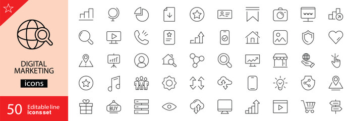 Digital marketing icons set. Includes symbols of SEO, social media, content marketing, email campaigns, analytics, advertising, and online growth. Editable stroke. Vector illustration. Outline icons.