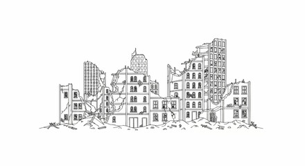 Obraz premium Ruined cityscape with damaged buildings and debris